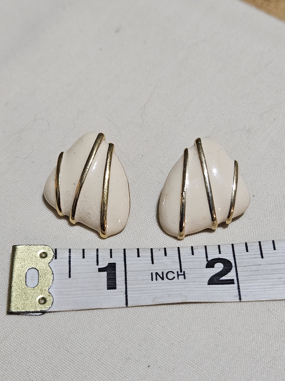 Vintage Monet Cream Enamel and Gold-tone Geometric Clip-on Earrings